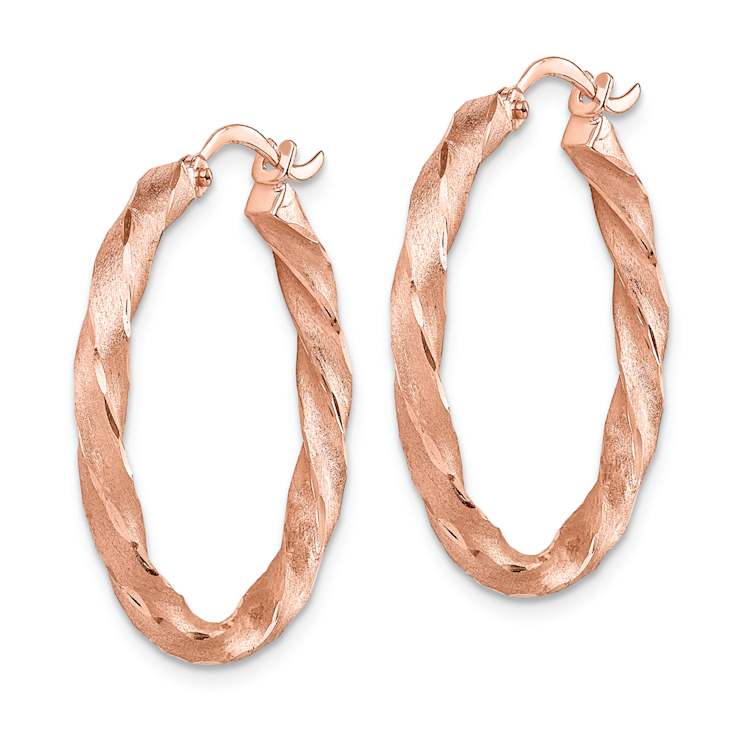 14k Rose Gold Twisted Satin and Diamond-Cut 1 1/16" Hoop Earrings