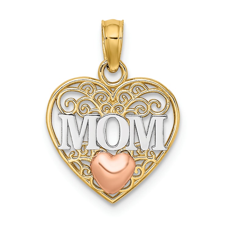 14k Tri-color Gold Polished MOM in Heart Pendant