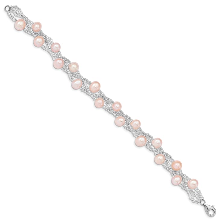 Rhodium Over Sterling Silver 7-9mm Pink Freshwater Cultured Pearl And
Glass Beaded Bracelet