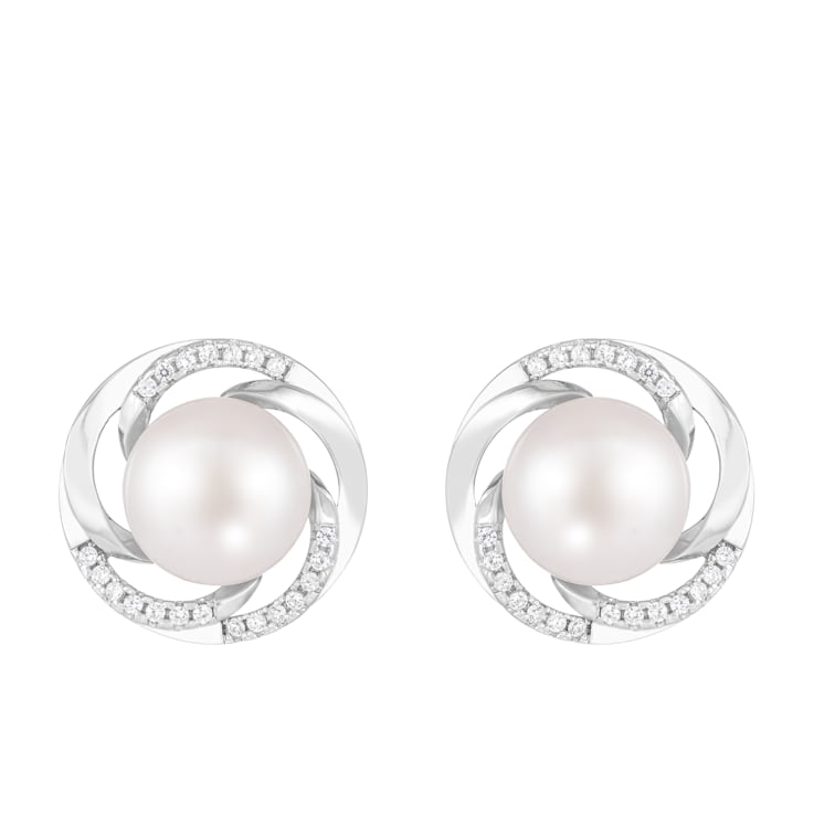 White Cultured Freshwater Pearl and CZ Rhodium Over Sterling Silver
7-8mm Button Earrings