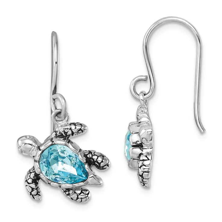 Rhodium Over Sterling Silver Crystal Turtle Dangle Earrings