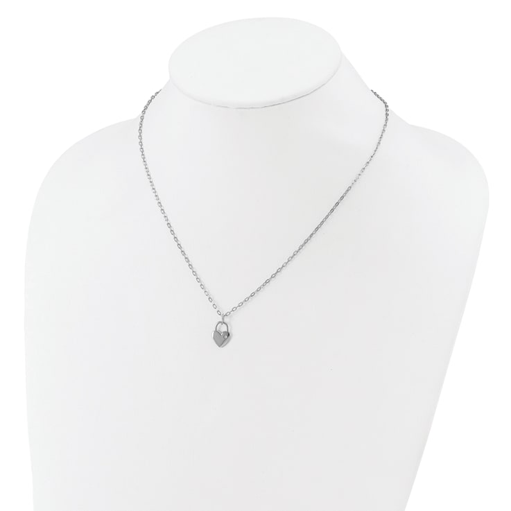 Rhodium Over Sterling Silver Polished Cubic Zirconia Heart Lock Necklace