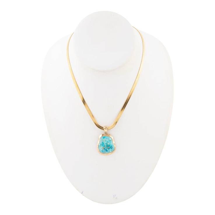Barse Turquoise Pendant Necklace With Snake Chain In Bronze