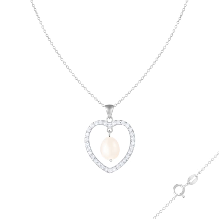 8-8.5mm White Cultured Freshwater Pearl Sterling Silver Pendant W/Chain
