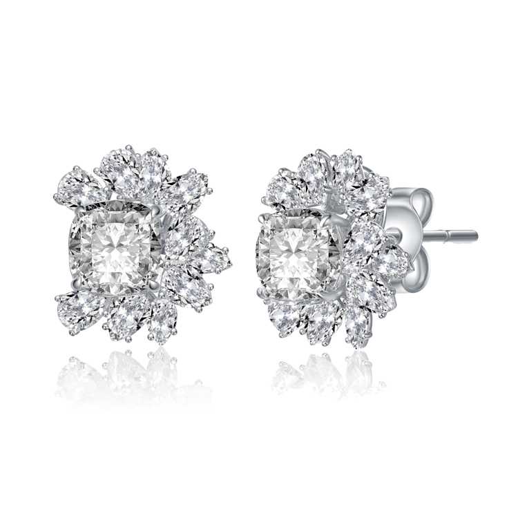 Floral CZ Cluster Stud Earrings In Sterling Silver