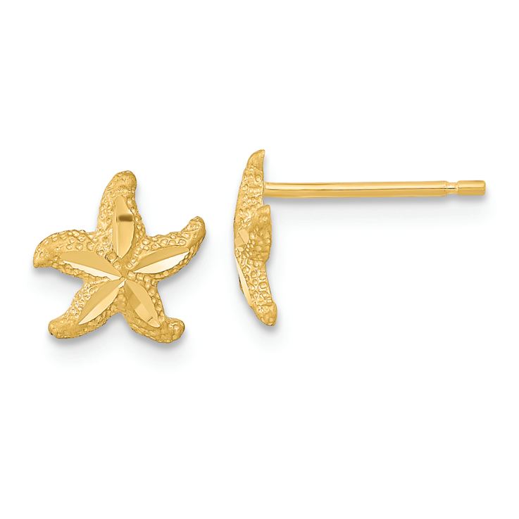 14k Yellow Gold Satin and Diamond-Cut Starfish Stud Earrings