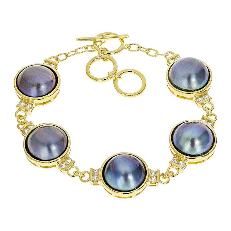 South Sea Mabe Pearl And Zircon Station Bracelet In 18K Gold Over
Sterling Silver 12mm
