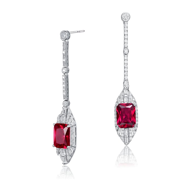 Ruby Color CZ Square Drop Earrings In Sterling Silver