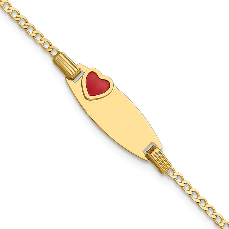 14k Yellow Gold Polished Kids ID with Red Enameled Heart Bracelet