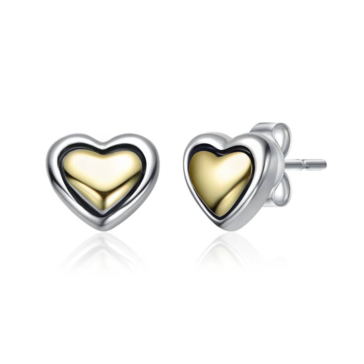 Sleek Heart Stud Earrings In Two-Tone Rhodium Over Brass