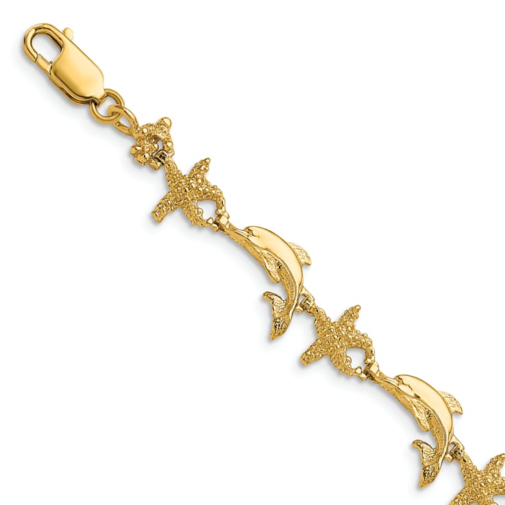 14k Yellow Gold Textured Dolphin and Starfish Link Bracelet