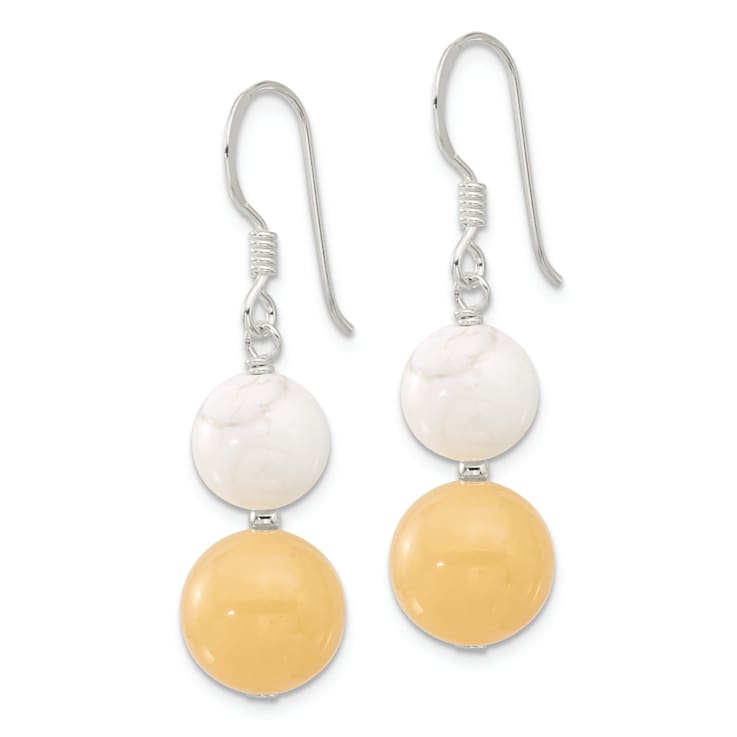 Sterling Silver Polished White Howlite and Yellow Jadeite Dangle Earrings