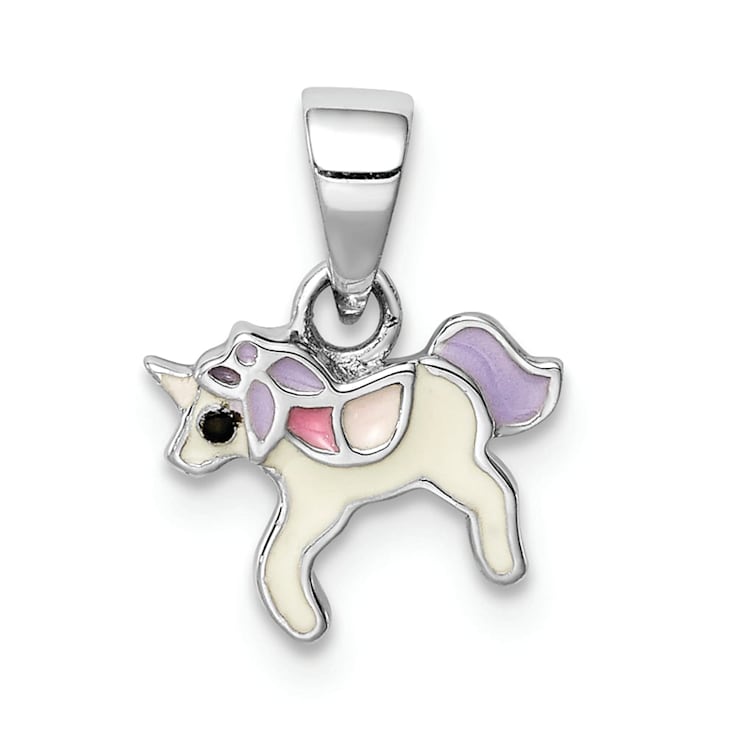 Rhodium Over Sterling Silver Multi-color Enameled Unicorn Children's Pendant