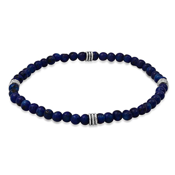 Blue Lapis Lazuli Beaded Stretch Bracelet In Sterling Silver