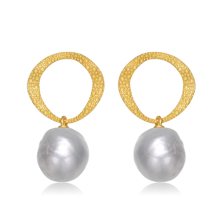Button Freshwater Pearl Drop Earrings In 14K Gold Over Sterling Silver