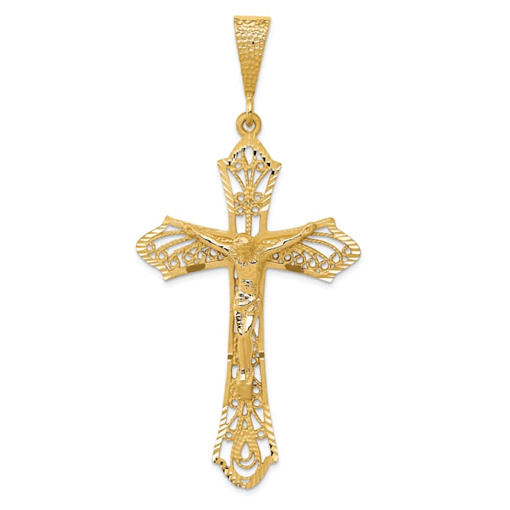 14k Yellow Gold Satin and Diamond-Cut Crucifix Pendant