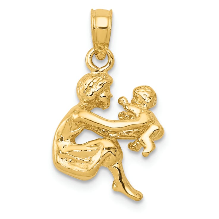 14k Yellow Gold 3D Textured Mother holding child Pendant