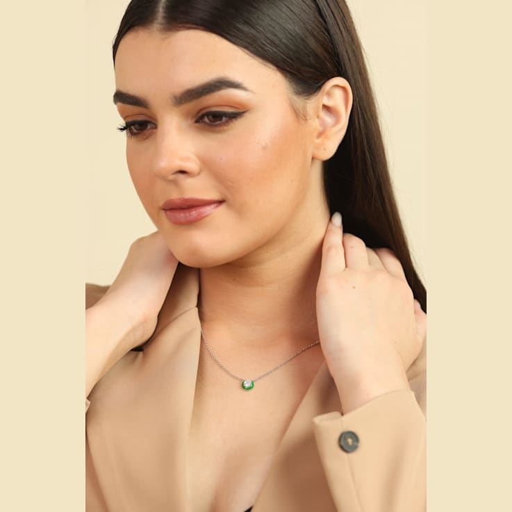 Moissanite Solitaire Rhodium Over Sterling Silver Necklace With Green Enamel