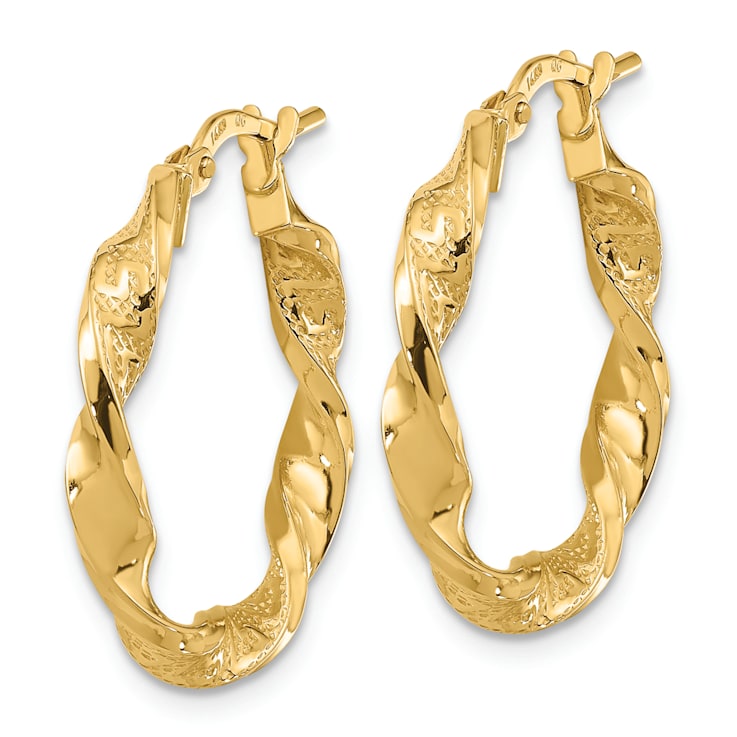 14K Yellow Gold 15/16" Polished and Textured Twisted Hoop Earrings