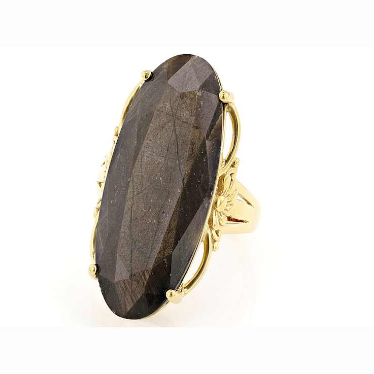 Golden Sheen Sapphire Solitaire Ring In 18K Gold Over Sterling Silver 27.21ct