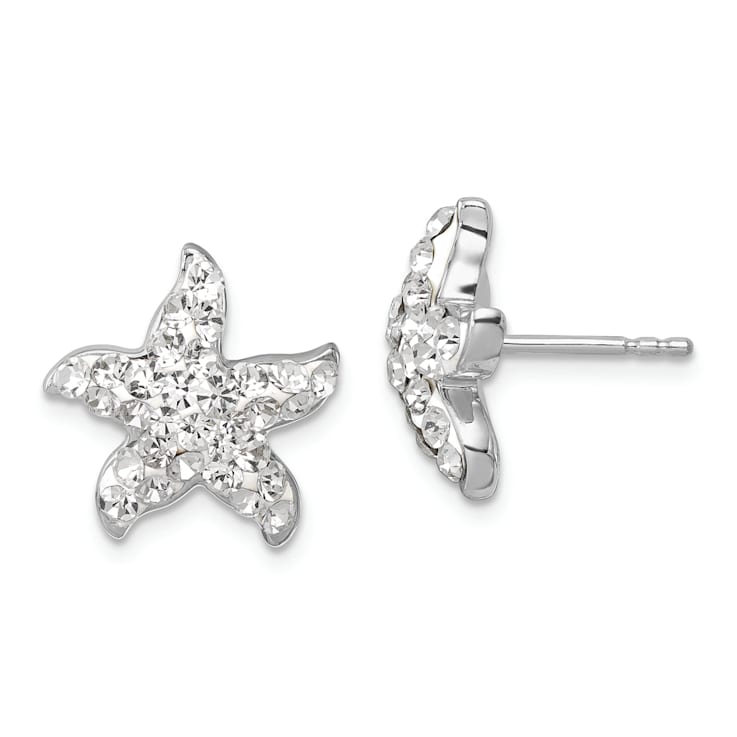 Rhodium Over Sterling Silver White Crystal Starfish Post Earrings