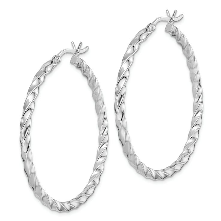 Rhodium Over Sterling Silver Twisted 3x40mm Hoop Earrings