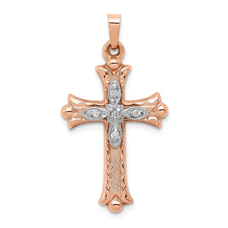 14k Two-tone Gold Textured Diamond Cross Pendant