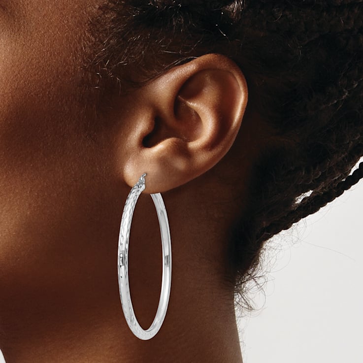 Rhodium Over Sterling Silver 3.00mm Diamond-cut Hoop Earrings