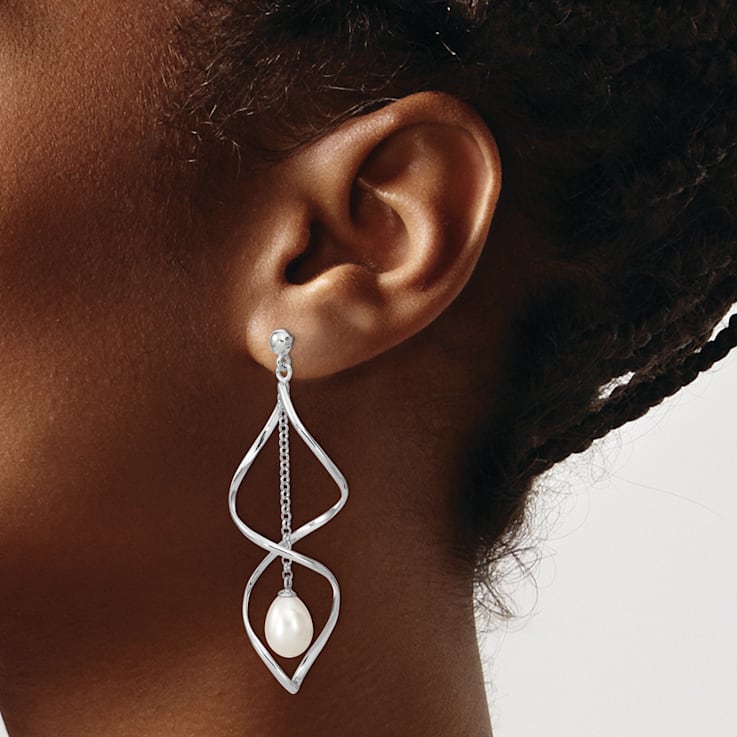 Rhodium Over Sterling Silver 7-8mm White Rice Freshwater Cultured Pearl
Dangle Earring