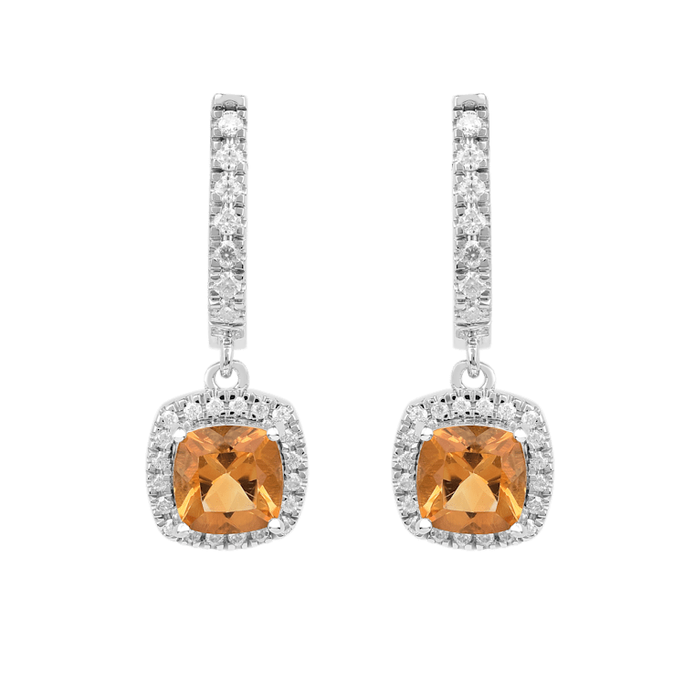 Yellow Cushion Citrine earrings with Moissanite Rhodium Over Sterling
Silver Halo Drop Earrings