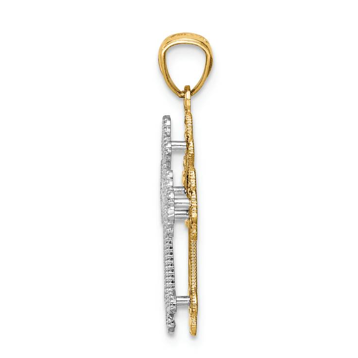 14K Two-tone Gold  Polished Filigree 2 Level Heart Cross Pendant