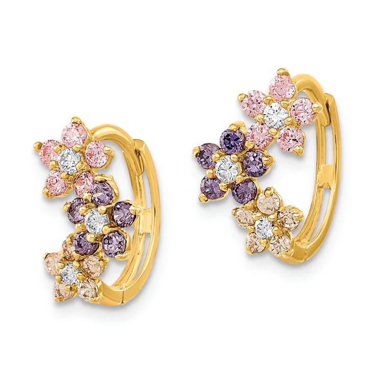 14K Yellow Gold Hinged Flower Multicolor Cubic Zirconia Hoop Earrings