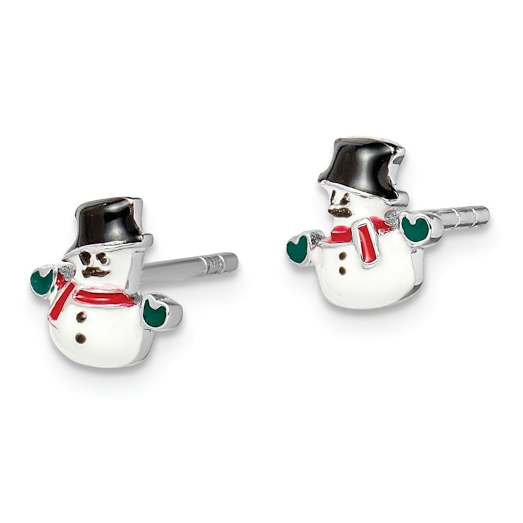 Rhodium Over Sterling Silver Childs Enamel Snowman Post Earrings