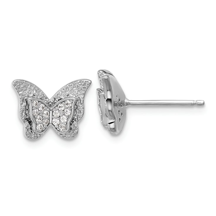 Rhodium Over Sterling Silver Polished Cubic Zirconia Butterfly Post Earrings