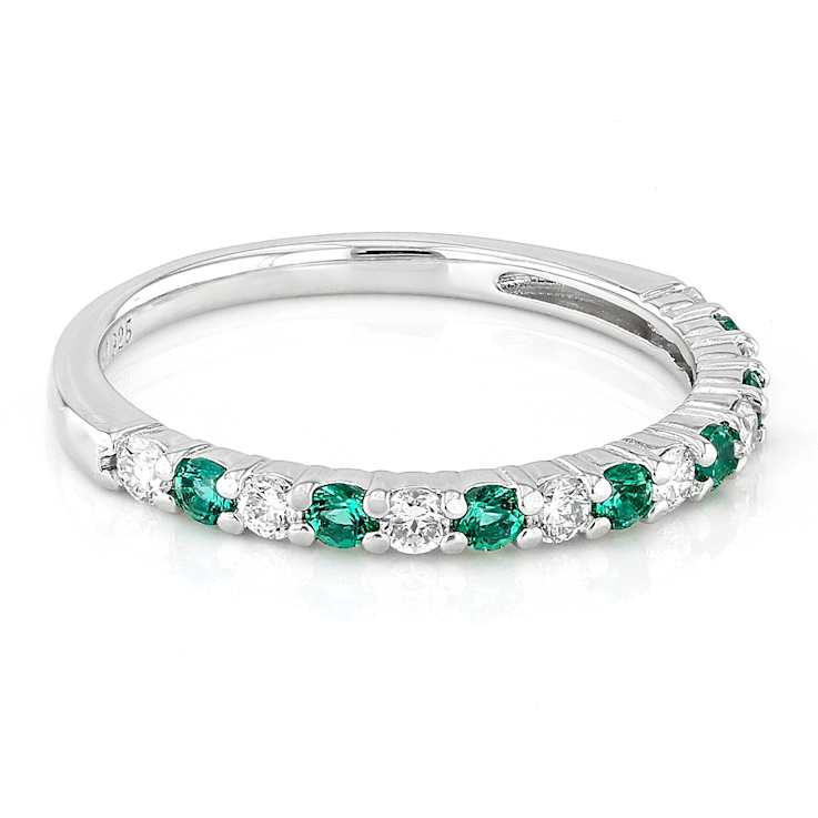 Lab-Created Emerald And Diamond Band Ring In Sterling Silver