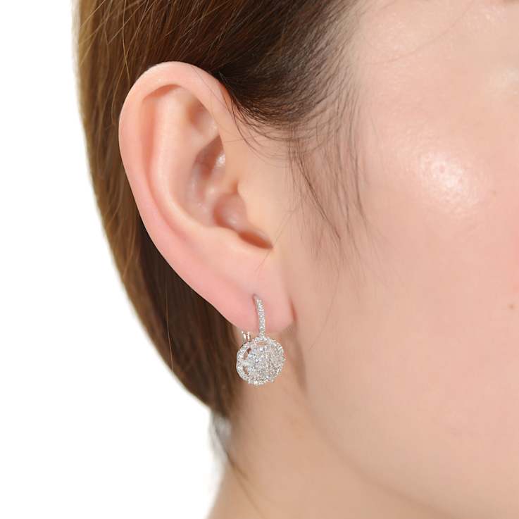 CZ Flower Cluster Halo Drop Earrings In White Rhodium Over Brass