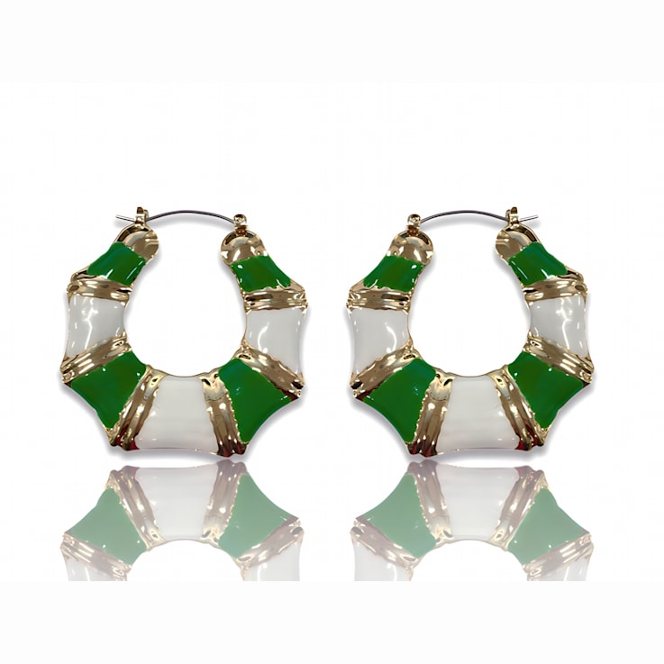 Gold Tone Green and White Enamel Earring