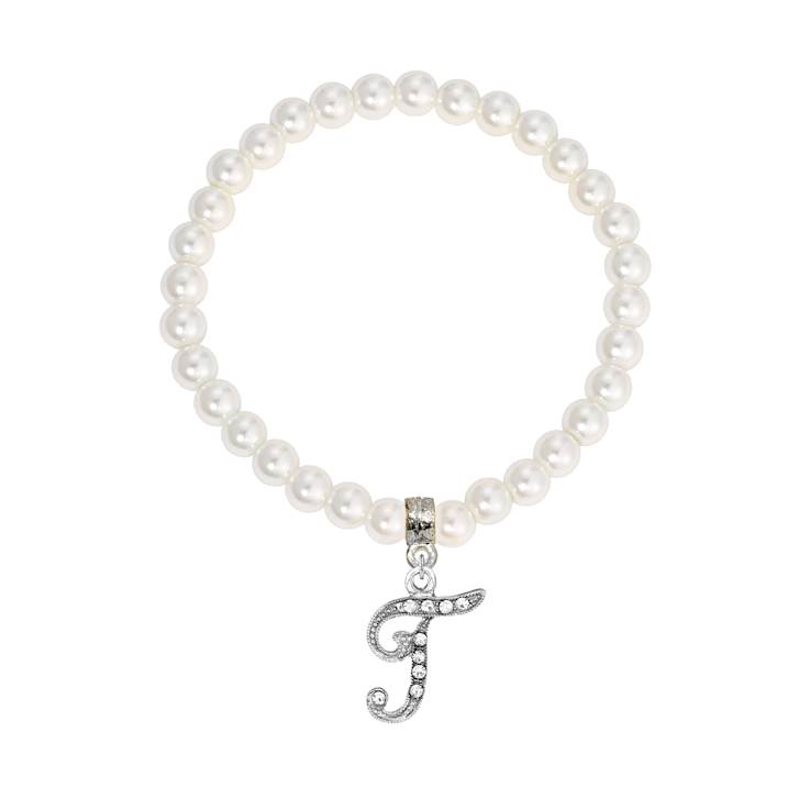 White Faux Pearl Bead Initial Charm Stretch Bracelet