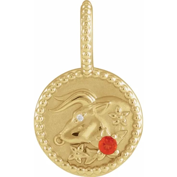 14K Yellow Gold Fire Opal and White Diamond Taurus Zodiac Symbol Pendant.