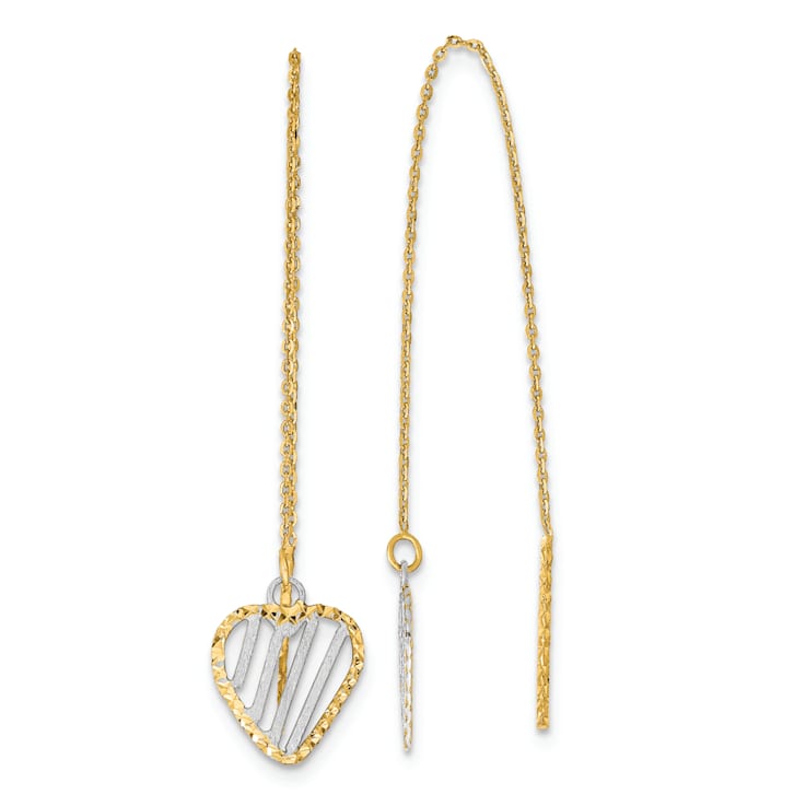 14k Yellow Gold and Rhodium Over 14k Yellow Gold Satin Diamond-Cut Heart
Dangle Threader Earrings