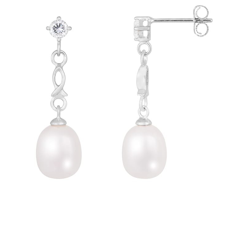 White Cultured Freshwater Pearl and Cubic Zirconia Rhodium Over Sterling
Silver 7-8mm Drop Earrings