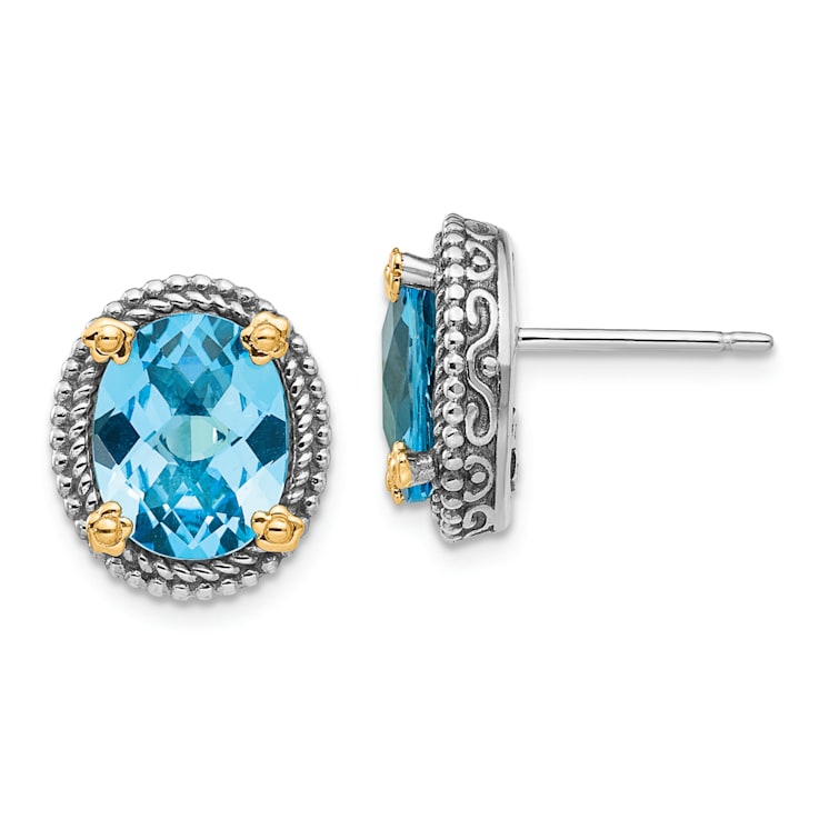 Sterling Silver Antiqued with 14K Accent Swiss Blue Topaz Earrings