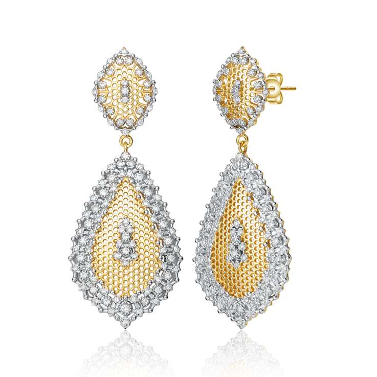 Two-Tone CZ Drop Earrings In 14K Gold Over Brass