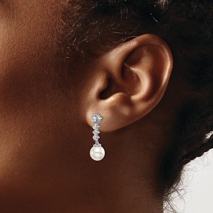 Rhodium Over 14K White Gold Freshwater Cultured Pearl and Diamond Post Earrings