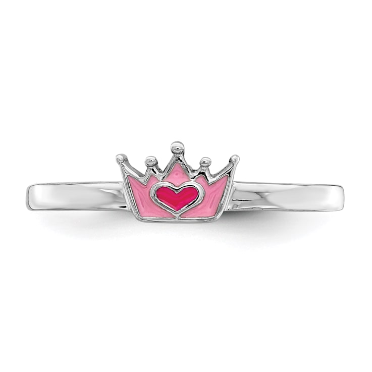Rhodium Over Sterling Silver Polished Pink Enamel Crown Children's Ring