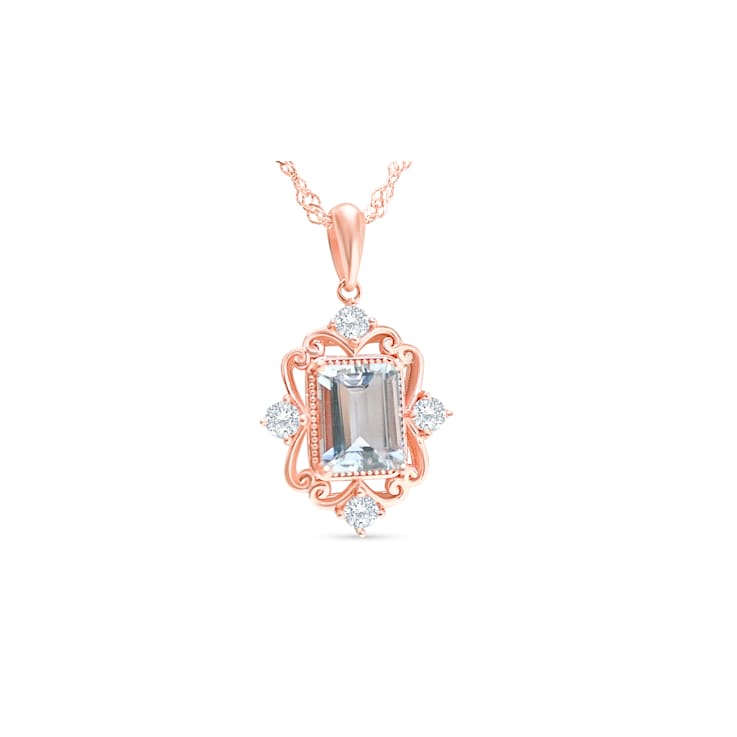 Octagonal Aquamarine and Cubic Zirconia 18K Rose Gold Over Sterling
Silver Pendant with chain, 2ctw