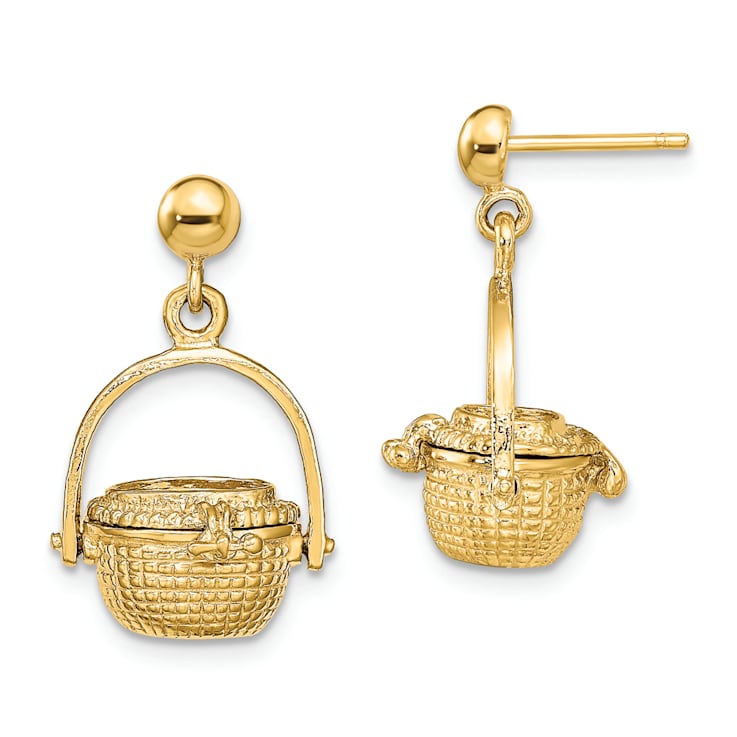 14K Yellow Gold 3D Textured Moveable Nantucket Basket Dangle Earrings