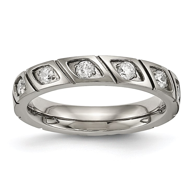 White Cubic Zirconia Titanium 4mm Men's Grooved Band Ring