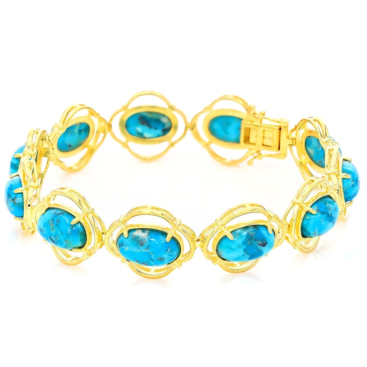 Turquoise Oval Station Bracelet In 18K Gold Over Sterling Silver 12x8mm