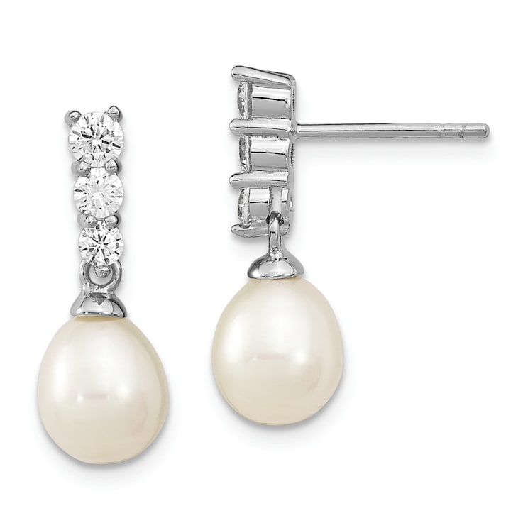 Rhodium Over Sterling Silver 7-8mm White Freshwater Cultured Pearl Cubic
Zirconia Post Earrings